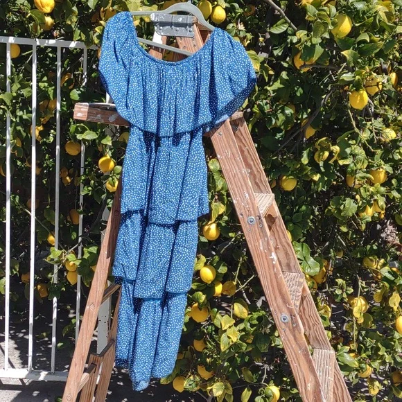 Blue Polka-Dot Tiered Peasant Dress L - Picture 8 of 8